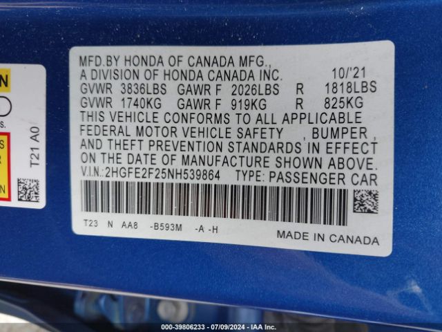 2HGFE2F25NH539864 Honda Civic Lx