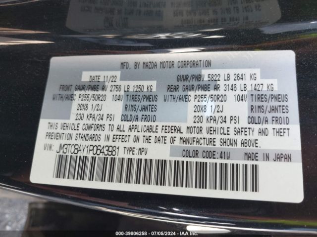 JM3TCBAY1P0643981 Mazda Cx-9 Touring Plus