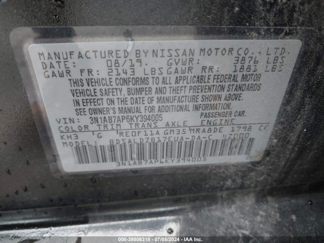 Nissan SENTRA SV 2019 3N1AB7AP6KY394005 Image 9
