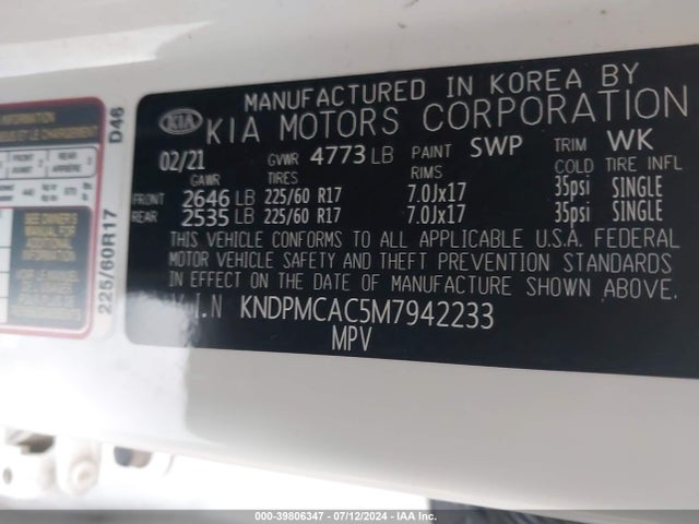 39806347 :رقم المزاد ، KNDPMCAC5M7942233 vin ، 2021 Kia Sportage Lx مزاد بيع