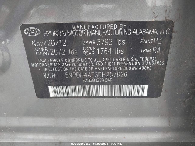 Продажа на аукционе авто 2013 Hyundai Elantra Gls, vin: 5NPDH4AE3DH257626, номер лота: 39806360