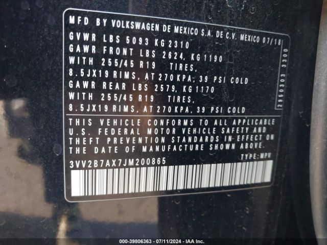 3VV2B7AX7JM200865 Volkswagen Tiguan 2.0t Se/2.0t Sel