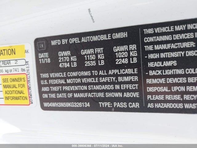 W04WH3N59KG326134 Buick Cascada Premium