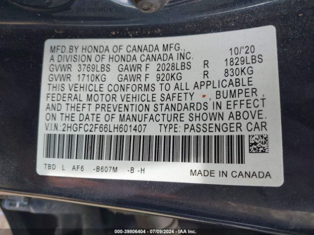 2HGFC2F66LH601407 Honda Civic Lx