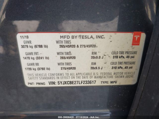 5YJXCBE27LF233617 Tesla Model X Long Range Dual Motor All-wheel Drive/long Range Plus Dual Motor All-wheel Drive