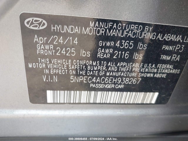 5NPEC4AC6EH938267 Hyundai SONATA SE