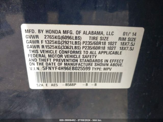 5FNYF4H96EB025599 Honda Pilot Touring