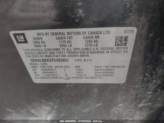 Chevrolet EQUINOX 1LT 2015 2GNALBEKXF6429493 Image 9