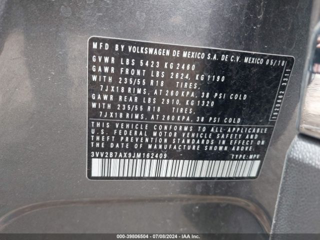 3VV2B7AX9JM162409 Volkswagen Tiguan 2.0t Se/2.0t Sel