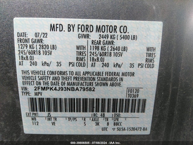 Ford EDGE SEL 2022 2FMPK4J93NBA79582 Image 9