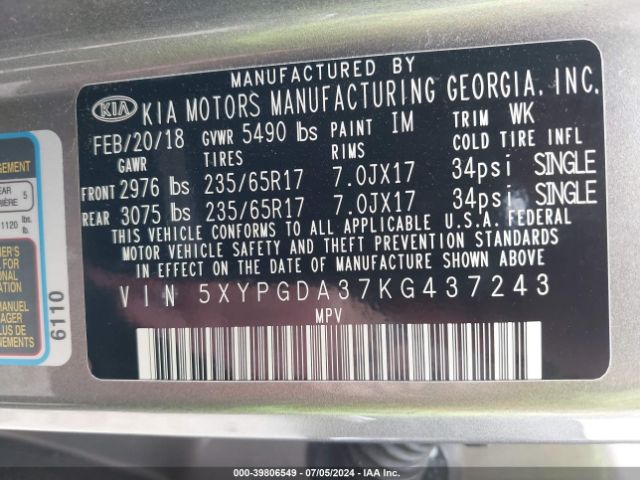 5XYPGDA37KG437243 KIA Sorento 2.4l Lx