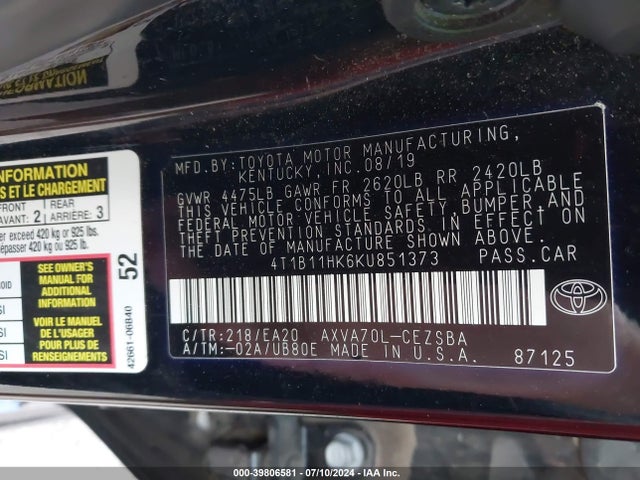 Toyota CAMRY SE 2019 4T1B11HK6KU851373 Image 9