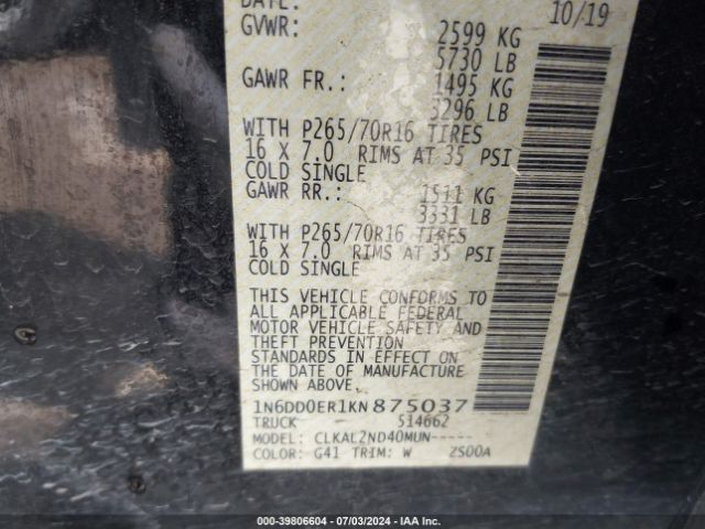 1N6DD0ER1KN875037 Nissan Frontier Sv