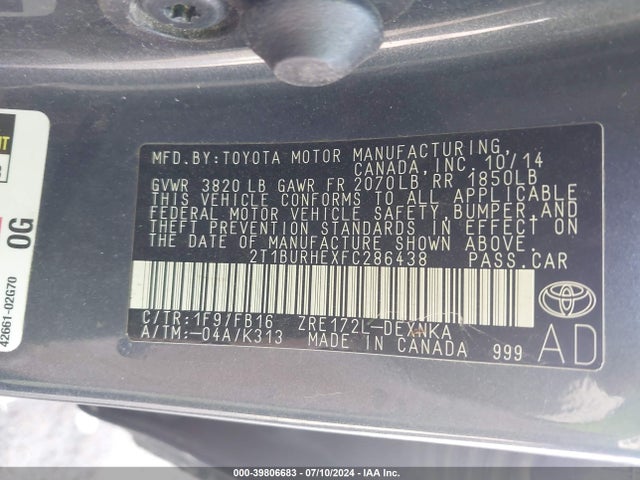 Toyota COROLLA LE 2015 2T1BURHEXFC286438 Image 9