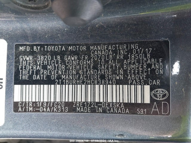 Toyota COROLLA SE 2017 2T1BURHE2HC838940 Image 9