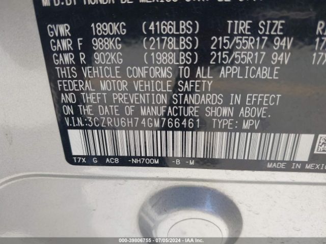 3CZRU6H74GM766461 Honda Hr-v Ex-l