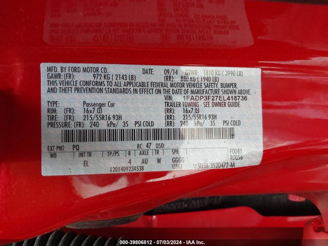 Ford FOCUS SE 2014 1FADP3F27EL418736 Image 9