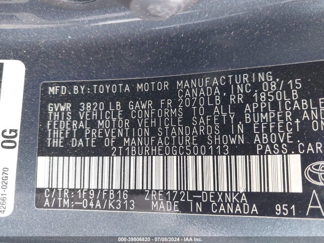 Toyota Corolla Le Plus 2016 2T1BURHE0GC500113 Image 9