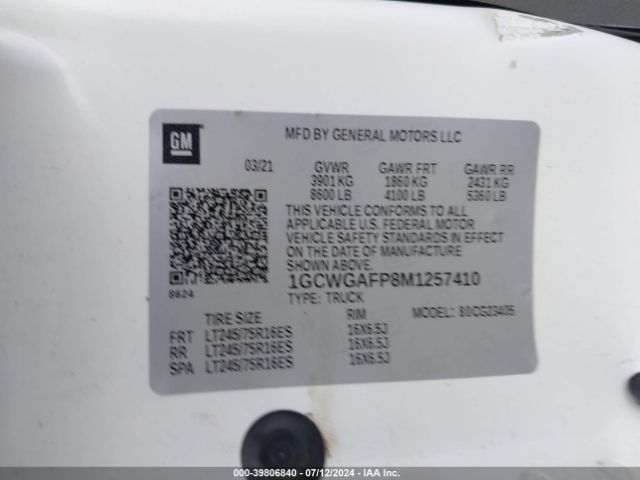 1GCWGAFP8M1257410 Chevrolet Express Cargo Rwd 2500 Regular Wheelbase Wt