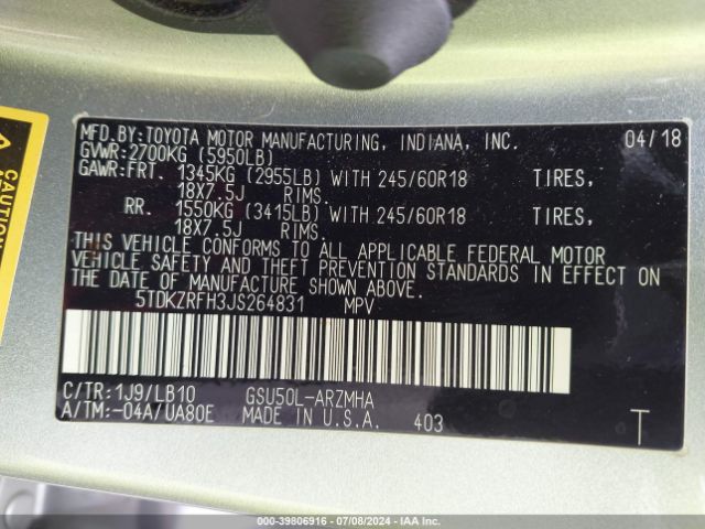 5TDKZRFH3JS264831 Toyota Highlander Xle