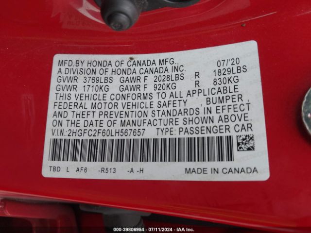2HGFC2F60LH567657 Honda Civic Lx