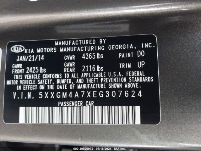 5XXGM4A7XEG307624 KIA Optima Lx