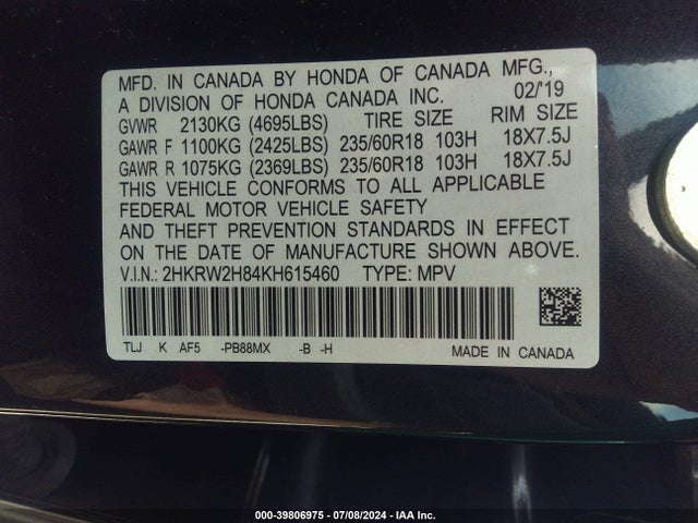 Honda Cr-v Ex-l 2019 2HKRW2H84KH615460 Image 9