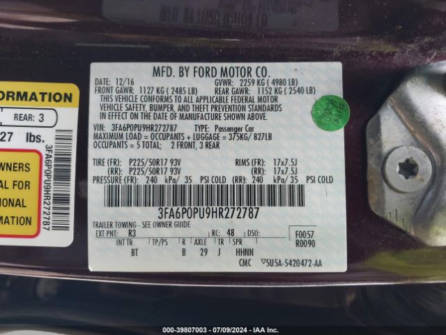 3FA6P0PU9HR272787 Ford Fusion Energi Se Luxury