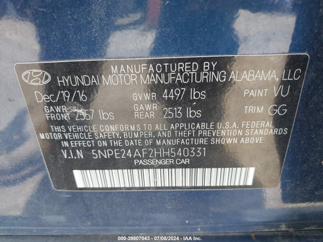 Hyundai SONATA SE 2017 5NPE24AF2HH540331 Image 9