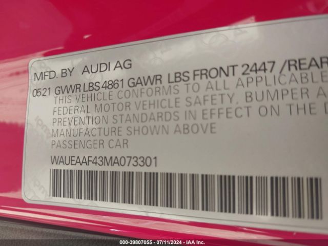 WAUEAAF43MA073301 Audi A4 Premium Plus 45 Tfsi S Line Quattro S Tronic