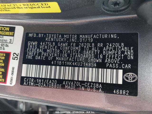 Toyota CAMRY SE 2019 4T1B11HK4KU214854 Image 9