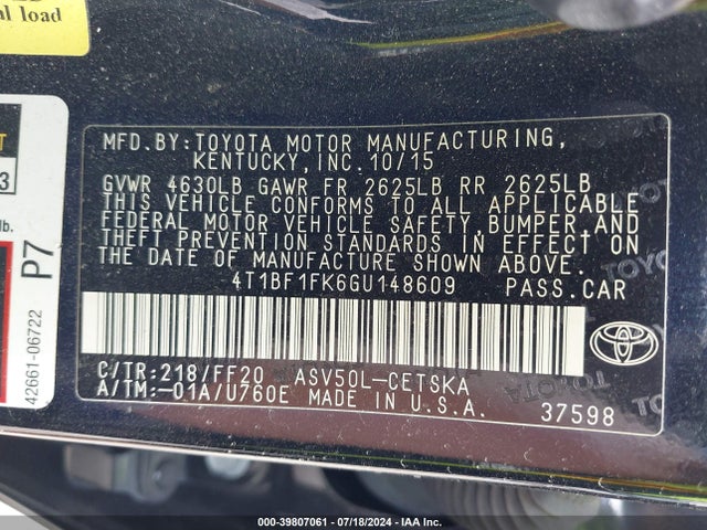 Toyota CAMRY SE 2016 4T1BF1FK6GU148609 Image 9