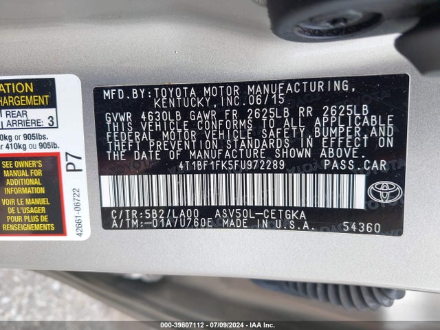 Toyota CAMRY XLE 2015 4T1BF1FK5FU972289 Image 9