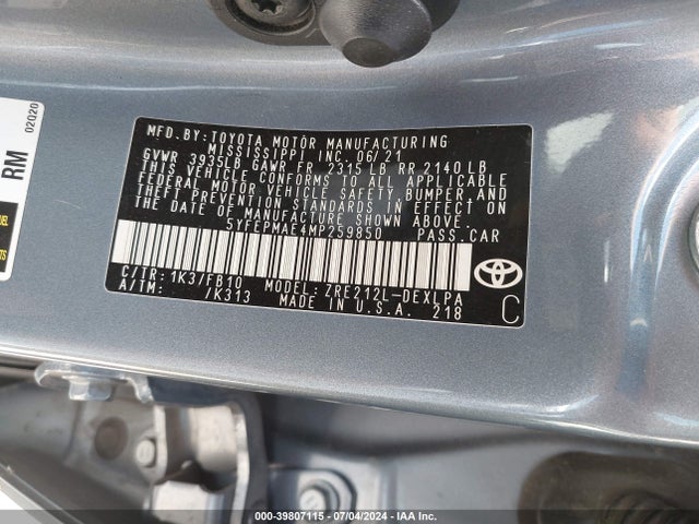 Toyota COROLLA LE 2021 5YFEPMAE4MP259850 Image 9
