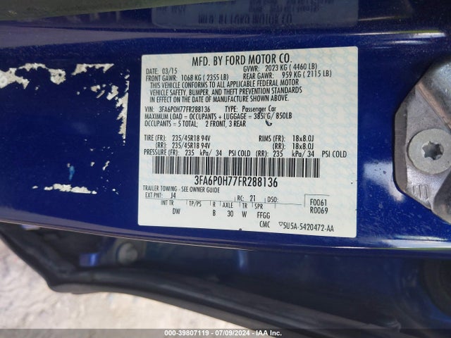 Ford FUSION SE 2015 3FA6P0H77FR288136 Image 9