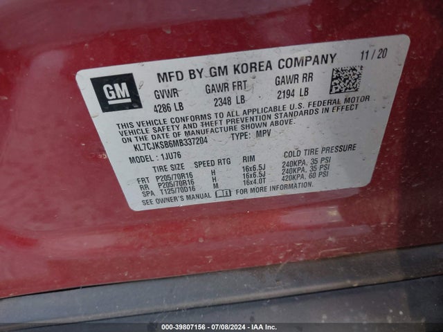 Chevrolet Trax Fwd Ls 2021 KL7CJKSB6MB337204 Image 9