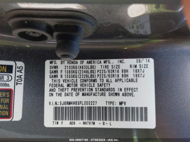 5J6RM4H95FL000227 Honda Cr-v Touring