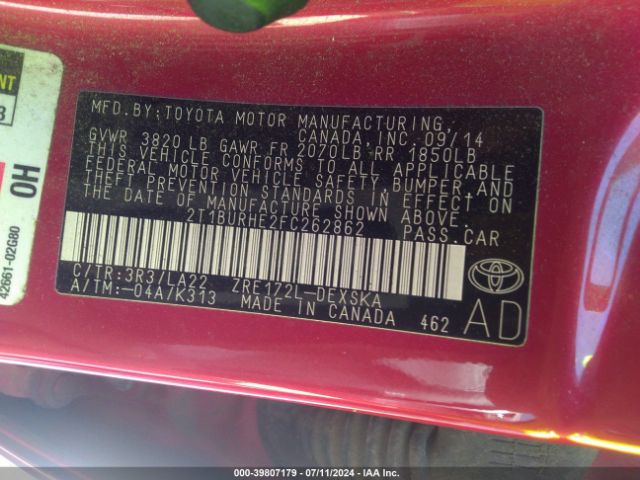 2T1BURHE2FC262862 Toyota Corolla S Premium