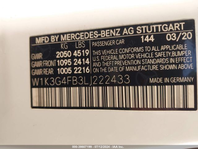 W1K3G4FB3LJ222433 Mercedes-Benz A 220 4matic