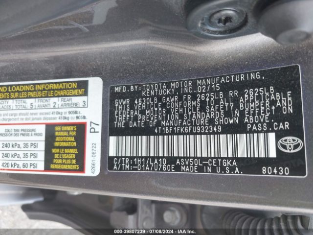 4T1BF1FK6FU932349 Toyota CAMRY XLE