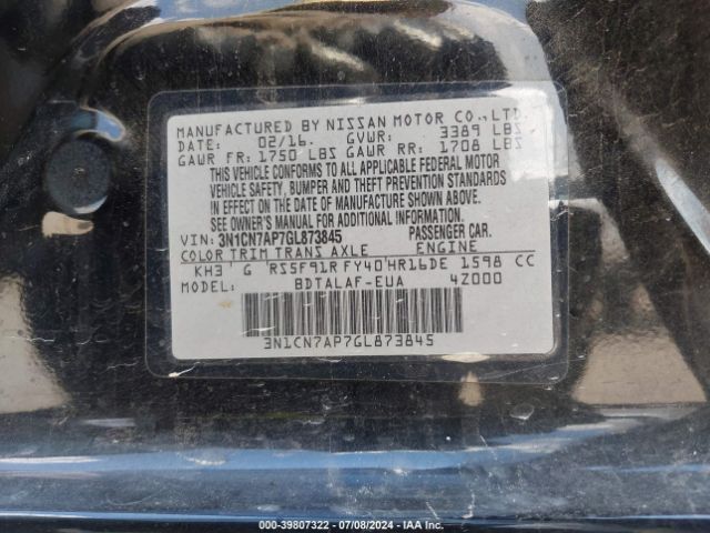 3N1CN7AP7GL873845 Nissan Versa 1.6 S
