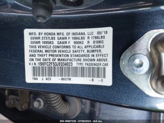 Aukcja sprzedaży 2018 Honda Civic Lx, vin: 19XFC2F53JE034023, numer aukcji: 39807325