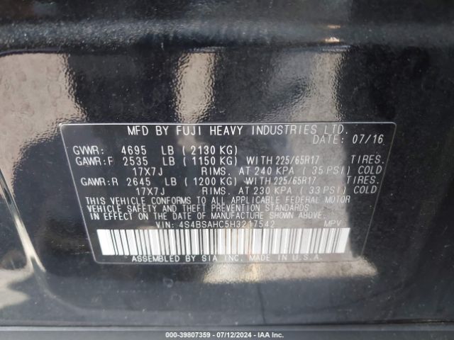 4S4BSAHC5H3217542 Subaru Outback 2.5i Premium