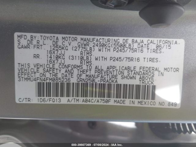 3TMMU4FN4FM085236 Toyota Tacoma Base V6