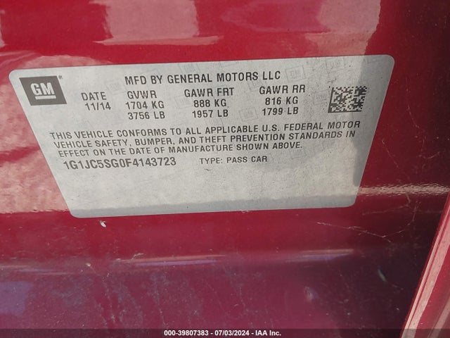 Chevrolet Sonic Lt Auto 2015 1G1JC5SG0F4143723 Image 9