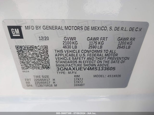 Chevrolet Equinox Awd Lt 2021 3GNAXUEV4MS133605 Image 9