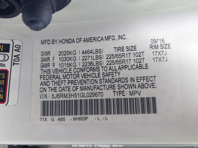 Honda CR-V EX 2016 5J6RM3H51GL029670 Image 9