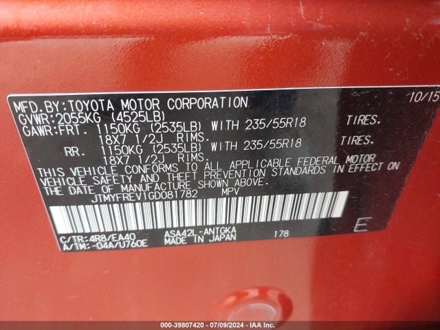 Toyota Rav4 Limited 2016 JTMYFREV1GD081782 Image 9