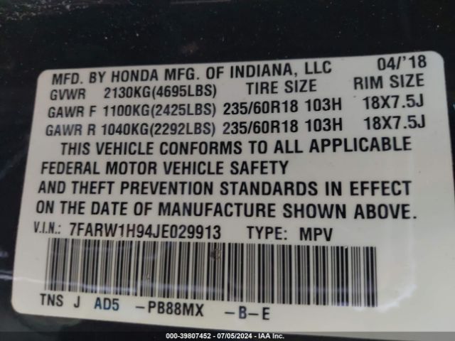 7FARW1H94JE029913 Honda Cr-v Touring