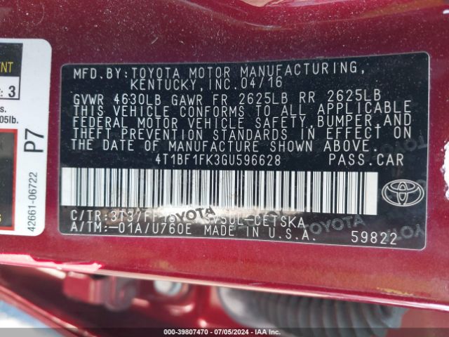 4T1BF1FK3GU596628 Toyota CAMRY SE